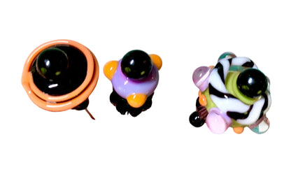 3 Decorative Halloween purple orange black green chacha pins with colorful glass beads on a white background. 
[additional_image_link]