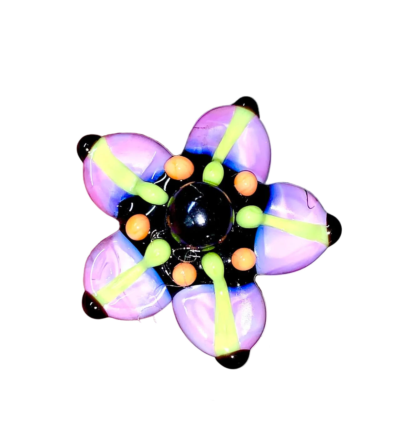 Decorative Halloween purple orange black green flower pin with colorful glass beads on a white background. 
[additional_image_link]