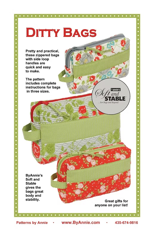 A sewing pattern advertisement for 'Ditty Bags' by By Annie's Soft and Stable. The ad features three different zippered utility bags with various fabric patterns (solid sage green, red floral, green/white stripes) and includes descriptive text and a circular logo for 'By Annie's Soft and Stable'.
Photo by Annie [image_link]