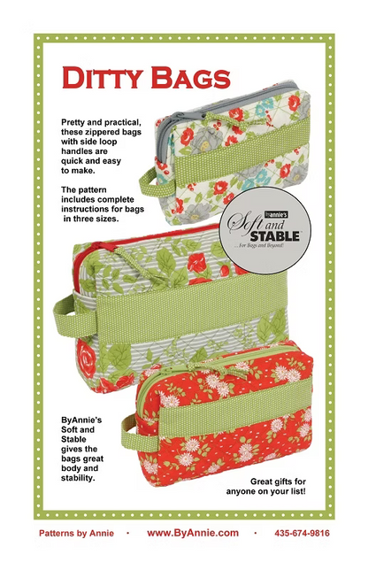 A sewing pattern advertisement for 'Ditty Bags' by By Annie's Soft and Stable. The ad features three different zippered utility bags with various fabric patterns (solid sage green, red floral, green/white stripes) and includes descriptive text and a circular logo for 'By Annie's Soft and Stable'.
Photo by Annie [image_link]