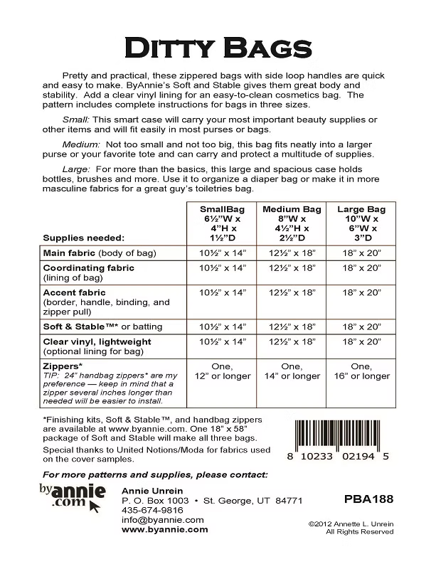 A sizing and specifications chart for Ditty Bags zippered supplies, showing sizes Small, Medium, and Large with dimensions, fabric measurements, zipper details, and contact information for Annie Unrein.
Photo by Annie [additional_image_link]