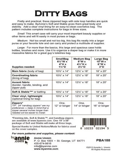 A sizing and specifications chart for Ditty Bags zippered supplies, showing sizes Small, Medium, and Large with dimensions, fabric measurements, zipper details, and contact information for Annie Unrein.
Photo by Annie [additional_image_link]