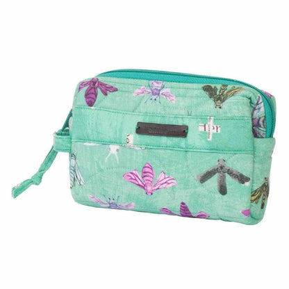 A mint green zippered pouch featuring a printed pattern of various moths and butterflies in purple, pink, and green, with a small black brand plaque on the front.
Photo by Annie [additional_image_link]