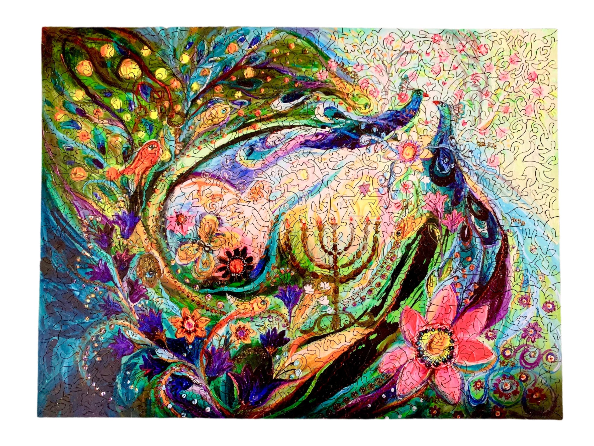 A colorful, highly detailed jigsaw puzzle featuring a stylized snake and a peacock in an intricate, patterned design.
Photo by Karen King [additional_image_link]