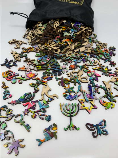 A colorful, highly detailed jigsaw puzzle featuring a stylized snake and a peacock in an intricate, patterned design.
Photo by Nautilus Puzzles [additional_image_link]