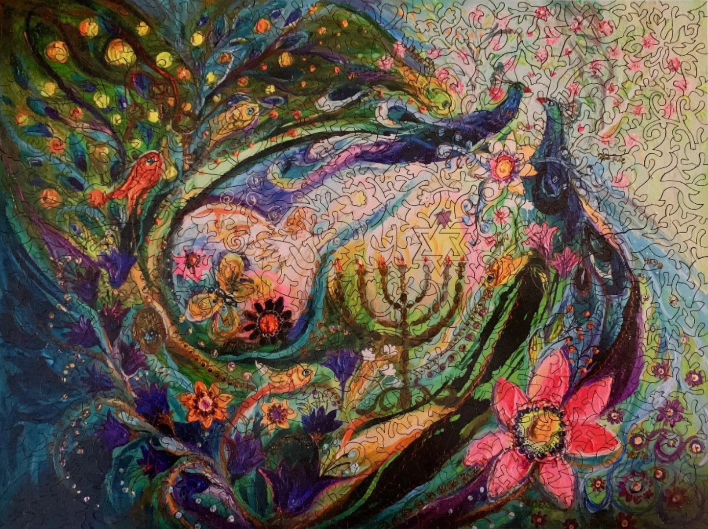 A colorful, highly detailed jigsaw puzzle featuring a stylized snake and a peacock in an intricate, patterned design.
Photo by Karen King [additional_image_link]