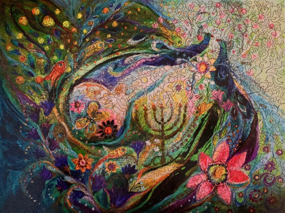 A colorful, highly detailed jigsaw puzzle featuring a stylized snake and a peacock in an intricate, patterned design.
Photo by Karen King [additional_image_link]