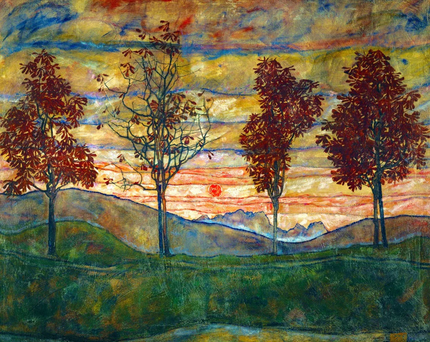 A jigsaw puzzle depicting a vibrant painting of four trees against a sunset background, with a cloudy sky in the background.
Photo by Artifact Puzzles [image_link]