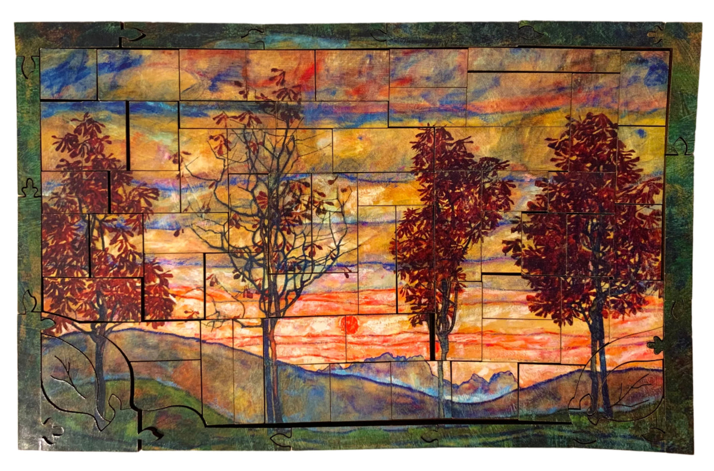 A jigsaw puzzle depicting a vibrant painting of four trees against a sunset background, with a cloudy sky in the background.
Photo by Karen King [additional_image_link]
