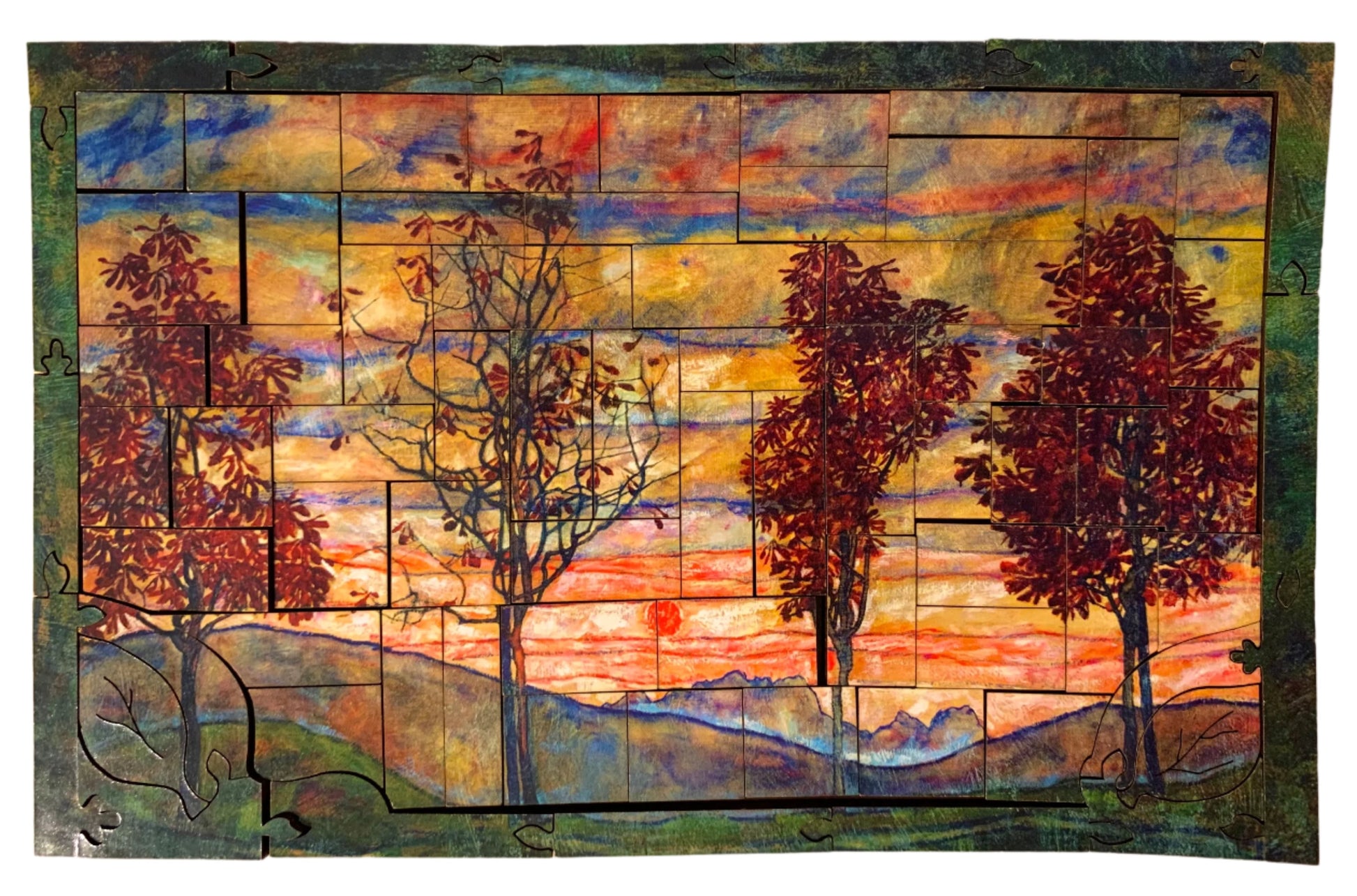 A jigsaw puzzle depicting a vibrant painting of four trees against a sunset background, with a cloudy sky in the background.
Photo by Karen King [additional_image_link]