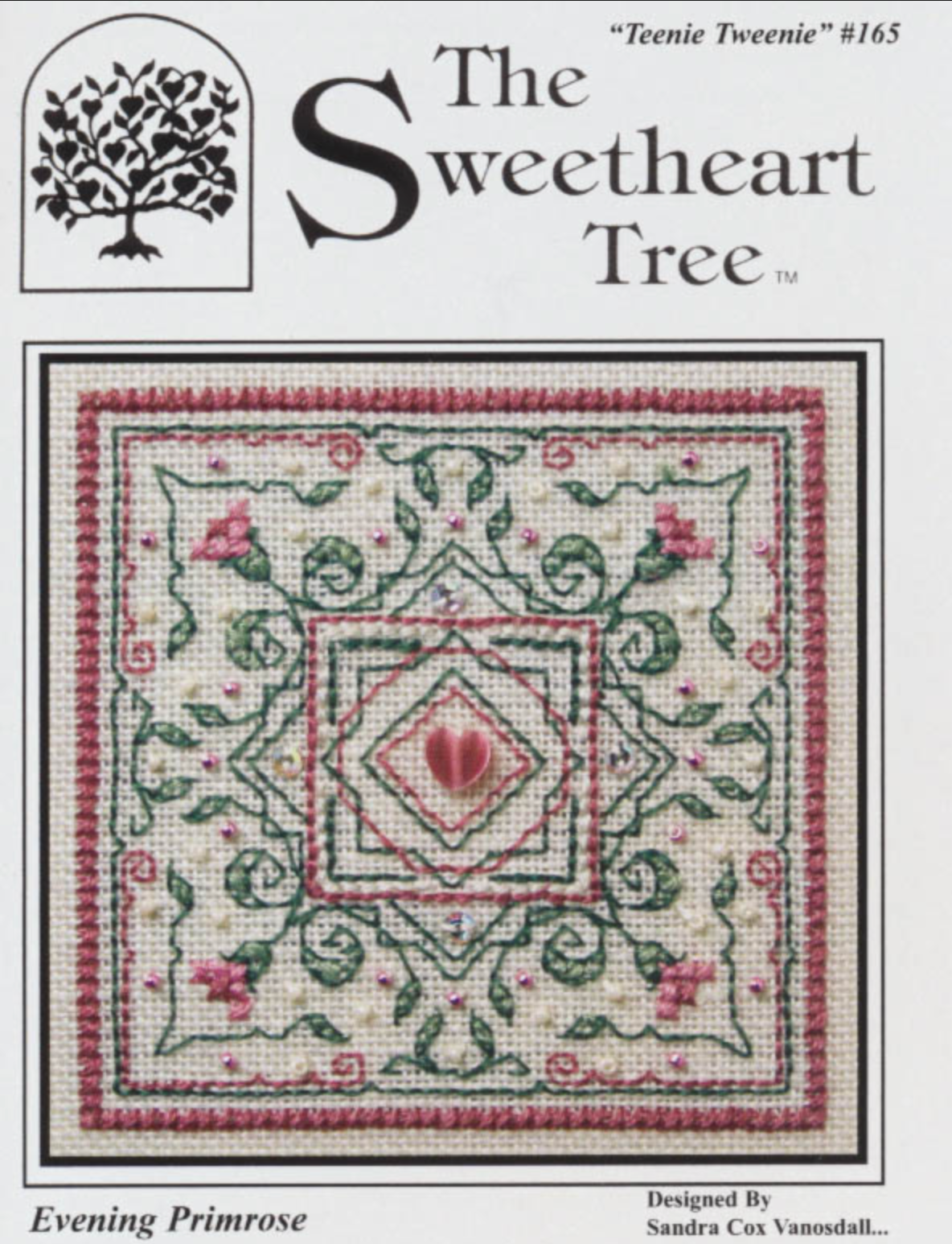 Colorful cross stitch kit image featuring a detailed floral pattern with a central bead and side embellishments, labeled as 'Evening Primrose' from The Sweetheart Tree.
Photo by The Sweetheart Tree [image_link]