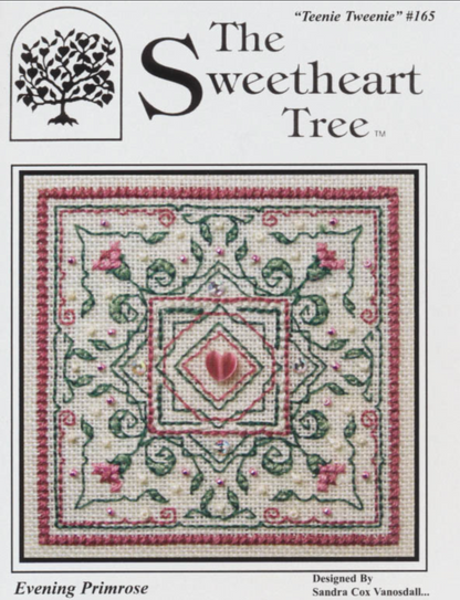 Colorful cross stitch kit image featuring a detailed floral pattern with a central bead and side embellishments, labeled as 'Evening Primrose' from The Sweetheart Tree.
Photo by The Sweetheart Tree [image_link]