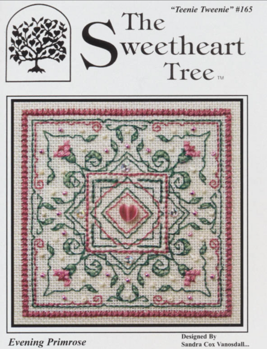 Colorful cross stitch kit image featuring a detailed floral pattern with a central bead and side embellishments, labeled as 'Evening Primrose' from The Sweetheart Tree.
Photo by The Sweetheart Tree [image_link]