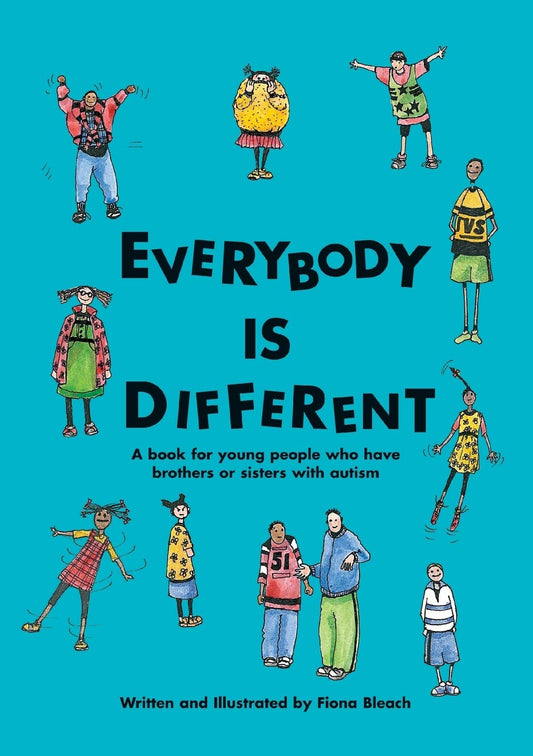 Cover of the book 'Everybody Is Different' featuring illustrations of various characters, including children and adults, expressing different emotions and poses against a blue background.
Photo by Karen King [image_link]