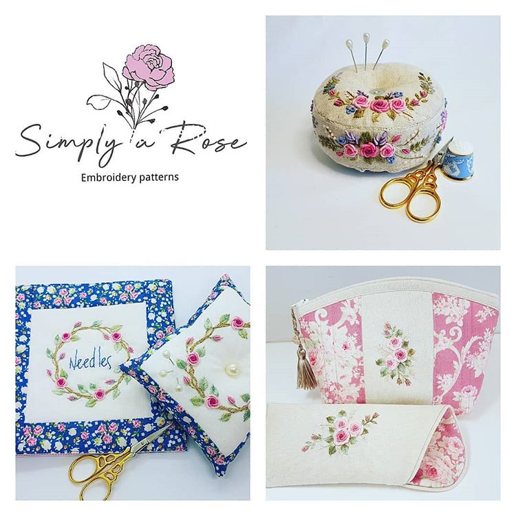 A four-panel collage showing embroidered sewing accessories and branding. The top-left panel displays the 'Simply a Rose' logo with the text 'Embroidery patterns.
Photo by Cottage Garden Threads [additional_image_link]
