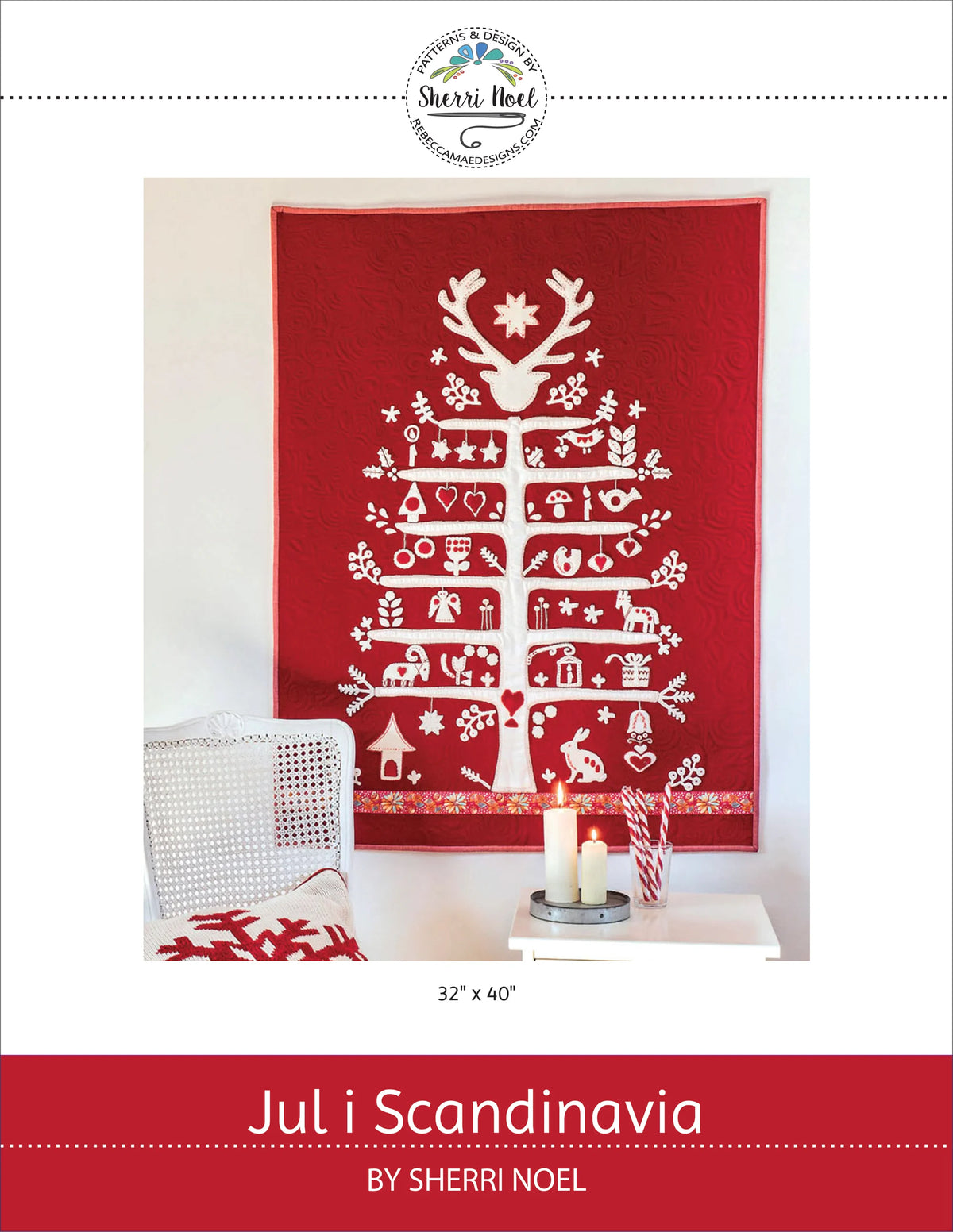 A red quilted wall hanging or textile panel with a white stylized Christmas tree design and holiday motifs, shown in a styled interior scene with candles and a chair. The image includes branding for Sherrl Noel and the title 'Jul i Scandinavia'.
Photo by Rebecca Mae Designs [image_link]