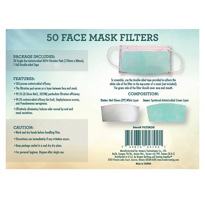Packaging for 50 face mask filters by Stitch Source, featuring product details, effectiveness, and safety information.
Photo by BrewerSewing.com [image_link]