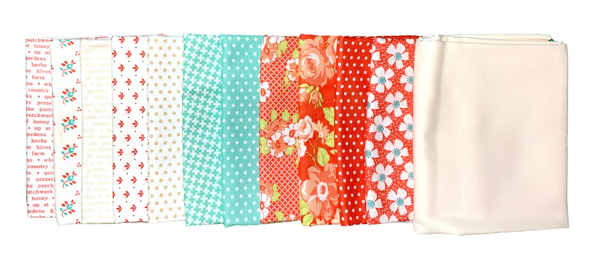 Twelve pieces of fabric with different patterns on a white background.
Photo by Karen King [additional_image_link]