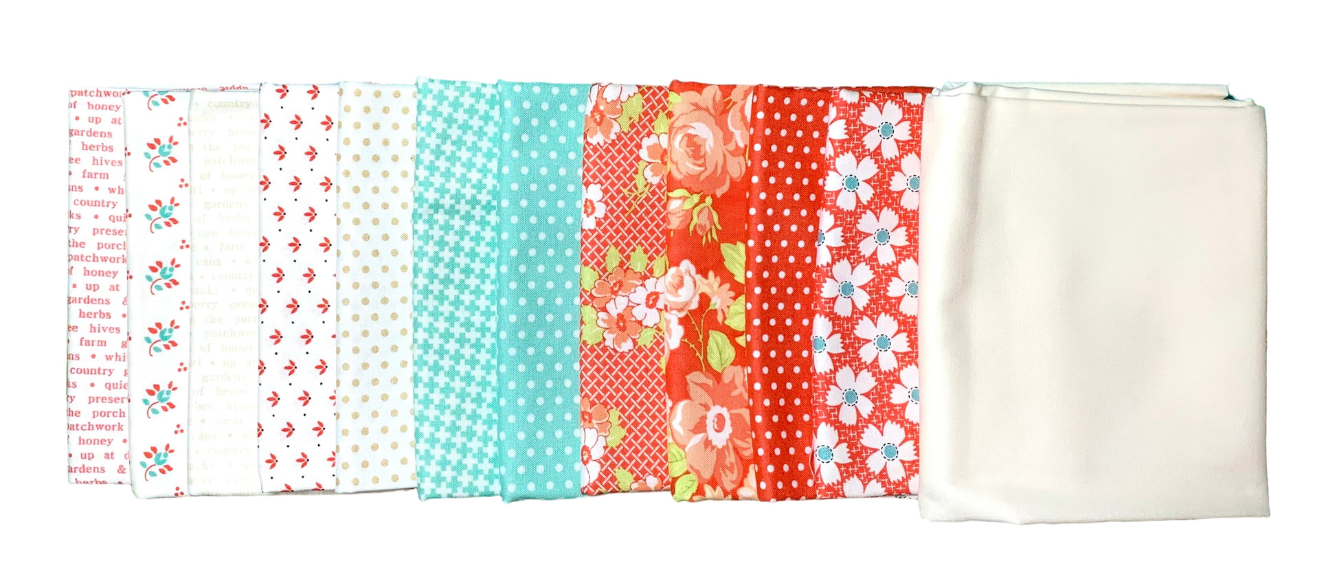 Twelve pieces of fabric with different patterns on a white background.
Photo by Karen King [additional_image_link]