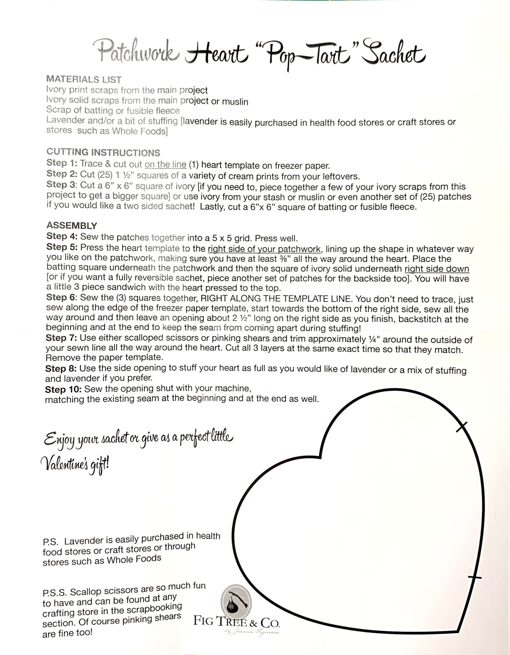 Instructions for making a patchwork heart 'pop-text' sachet on a white background.
Photo by Karen King [additional_image_link]