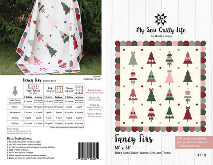 A flat lay of a quilting pattern booklet cover and inside page for 'Fancy Firs' by My Sew Quilty Life. The cover shows a white fabric bundle with red and green polka dots and a pattern of Christmas trees in red, green, pink, and beige.
Photo by My Sew Quilty Life [image_link]