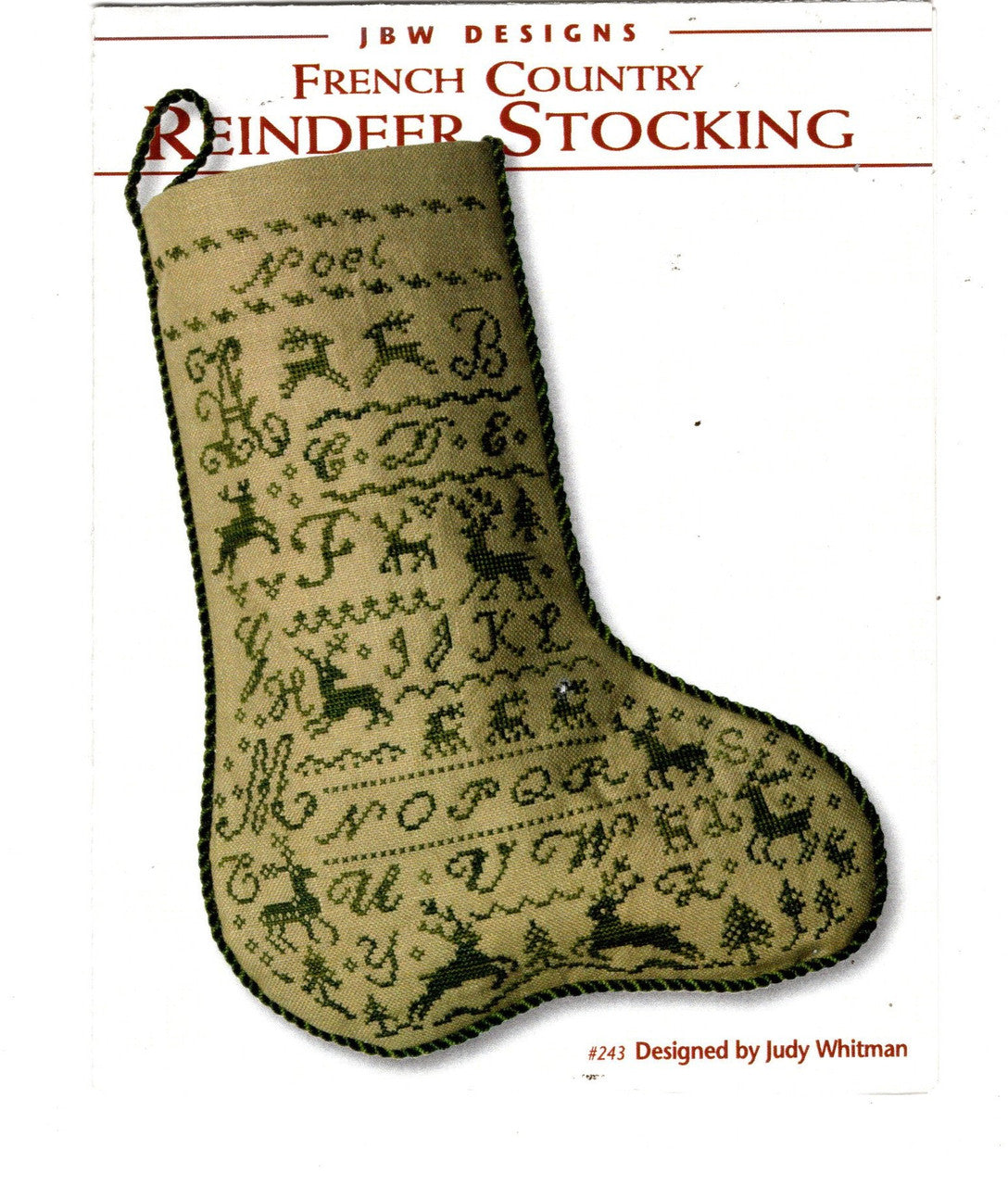 A vintage-style cross-stitch pattern cover for a French Country Reindeer Stocking by JBW Designs, showing a beige stocking with dark green embroidered letters, reindeer, and decorative motifs on a white background.
Photo by JBW Designs [image_link]