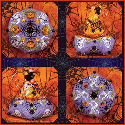 A four-panel collage showing two decorative beaded needlepoint or cross-stitch designs with Halloween motifs: a round purple pumpkin cluster and a pointed purple witch hat with an orange-and-black dress, each set against an orange spiderweb background.
Photo by JustNan.com [image_link]