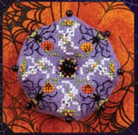 A circular purple embroidered patch with a Halloween design, featuring white bats, black spiders, orange pumpkins, and a black spiderweb motif in the center, set against an orange spiderweb patterned background.
Photo by JustNan.com [additional_image_link]