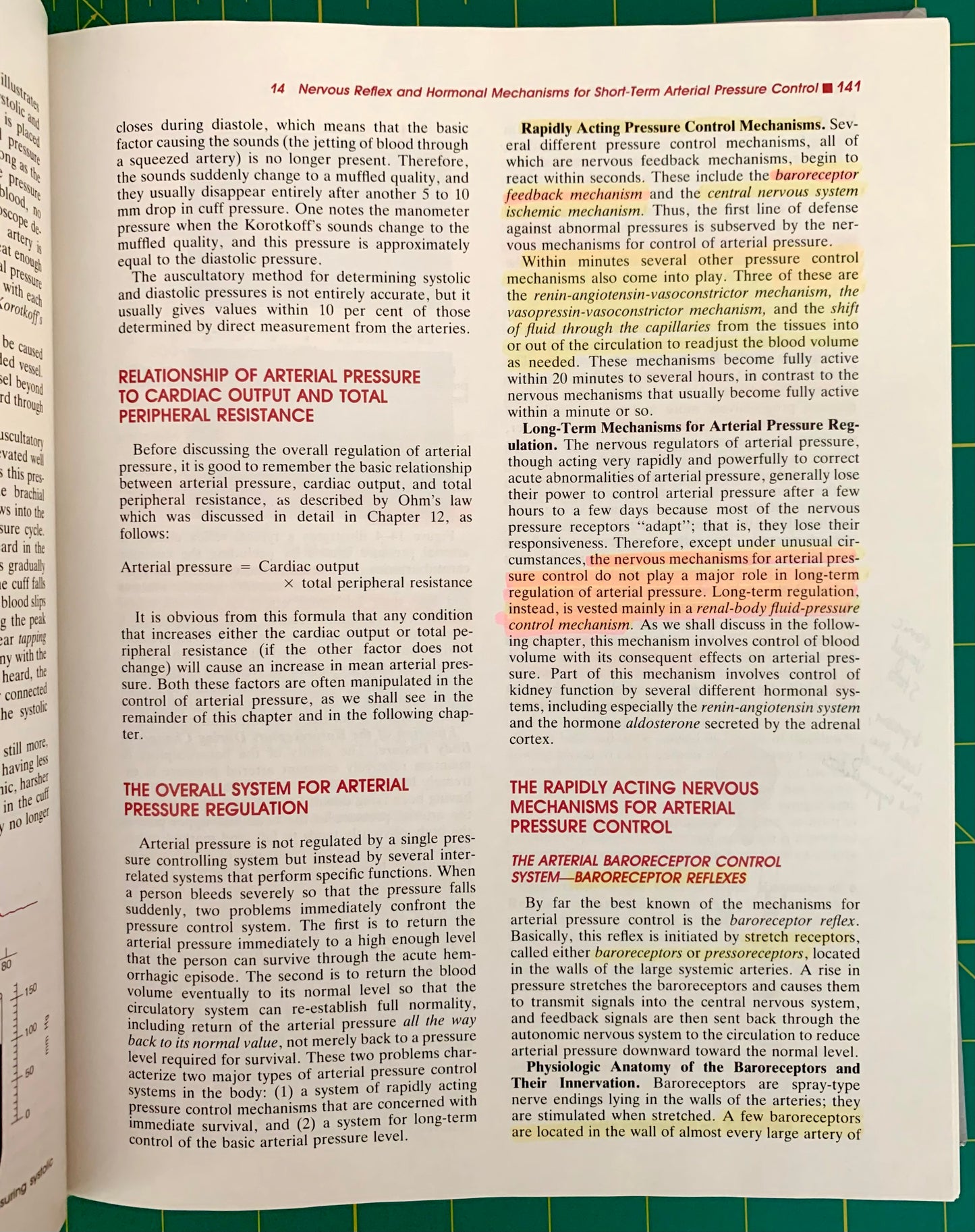 An open book showing printed pages about arterial pressure control, with columns of text and several colored callout boxes highlighting key concepts.
[additional_image_link]
