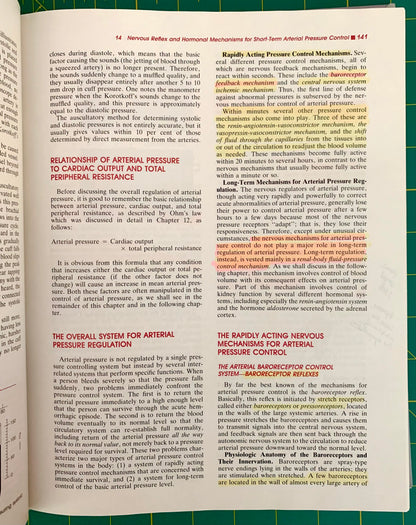 An open book showing printed pages about arterial pressure control, with columns of text and several colored callout boxes highlighting key concepts.
[additional_image_link]