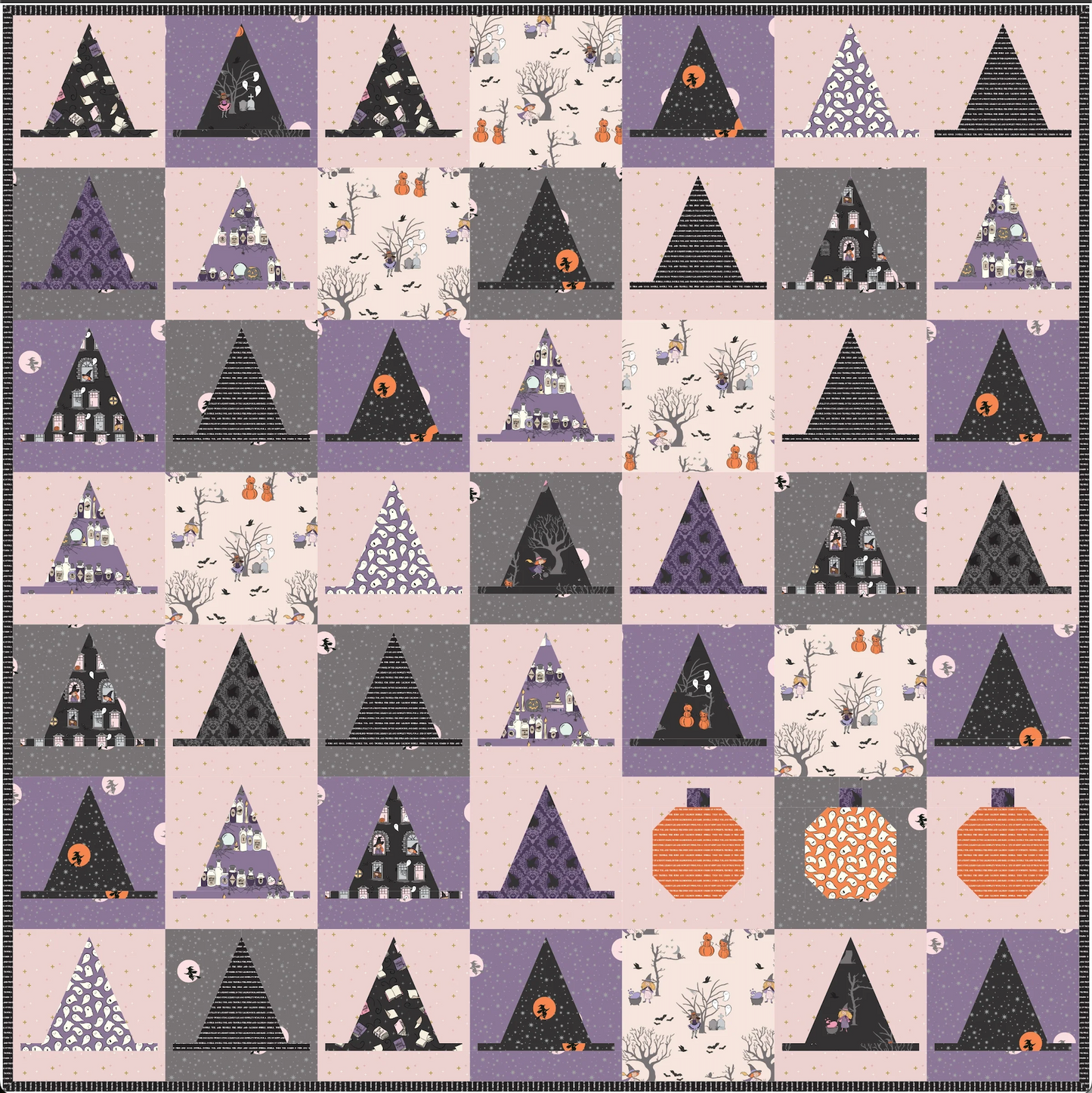 A quilt with a pattern featuring witch hats and pumpkins, in a Halloween-themed design.
Photo by Polka Dot Chair [additional_image_link]