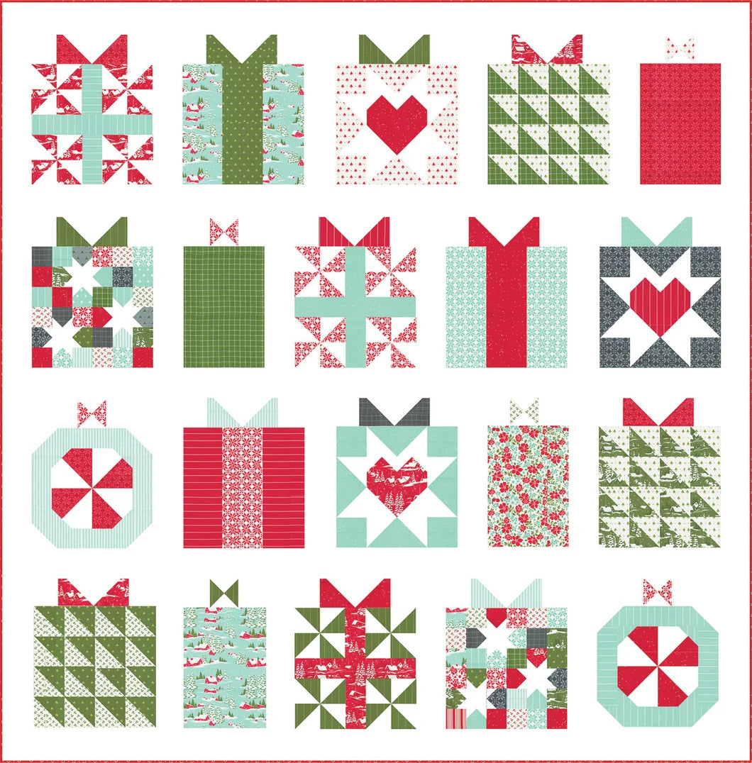 A quilt pattern sheet featuring 16 gift and heart-themed quilt blocks in red, green, mint, and white, arranged in a grid on a white background.
Photo by Thimble Blossoms [additional_image_link]
