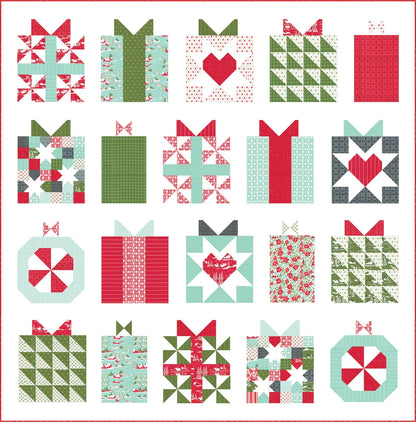 A quilt pattern sheet featuring 16 gift and heart-themed quilt blocks in red, green, mint, and white, arranged in a grid on a white background.
Photo by Thimble Blossoms [additional_image_link]