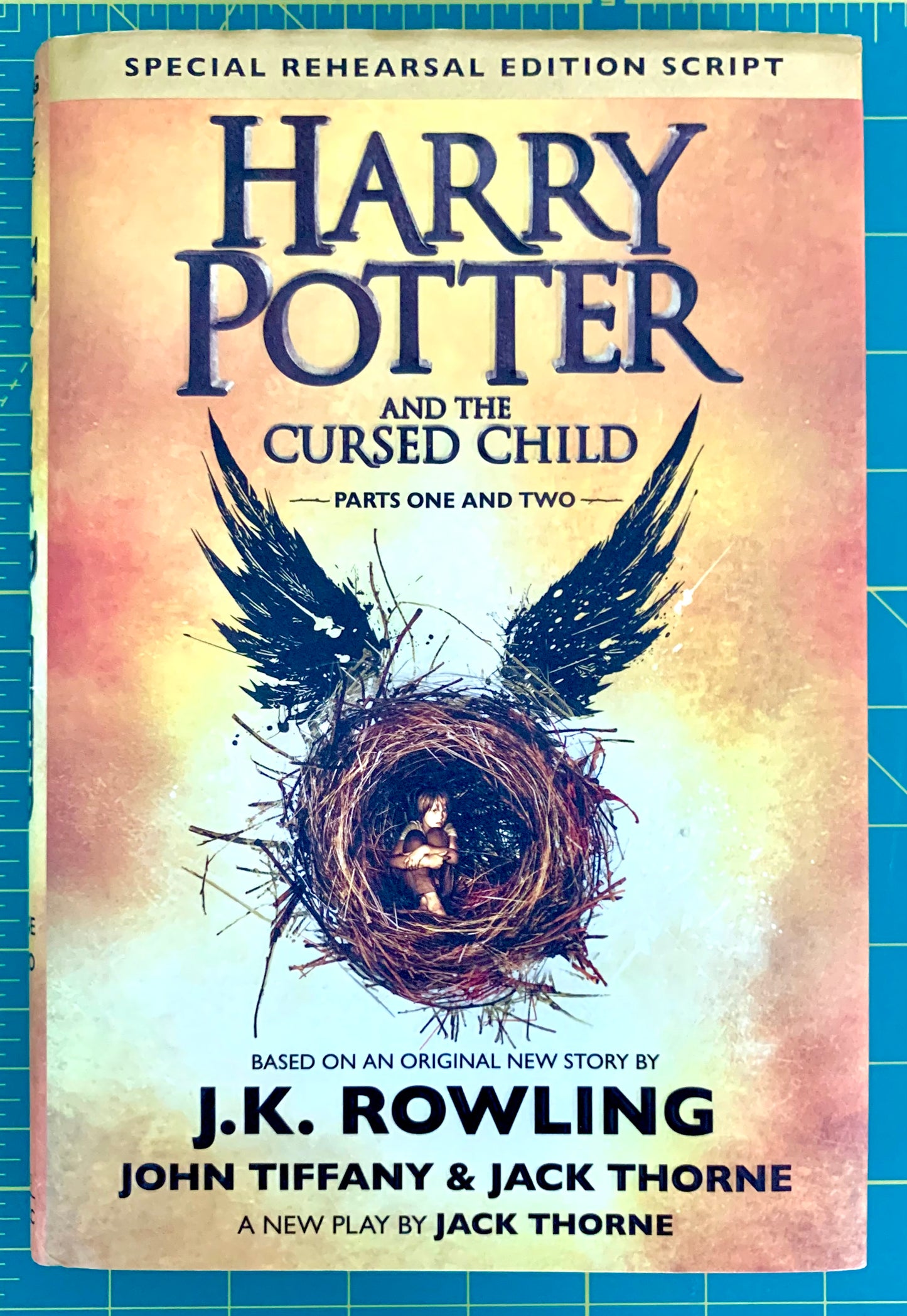 A book cover for 'Harry Potter and the Cursed Child: Parts One and Two' shown flat against a blue grid background. The cover features a warm beige and yellow gradient background with dark blue title text and an illustration of a bird's wings surrounding a nest with a small figure inside.