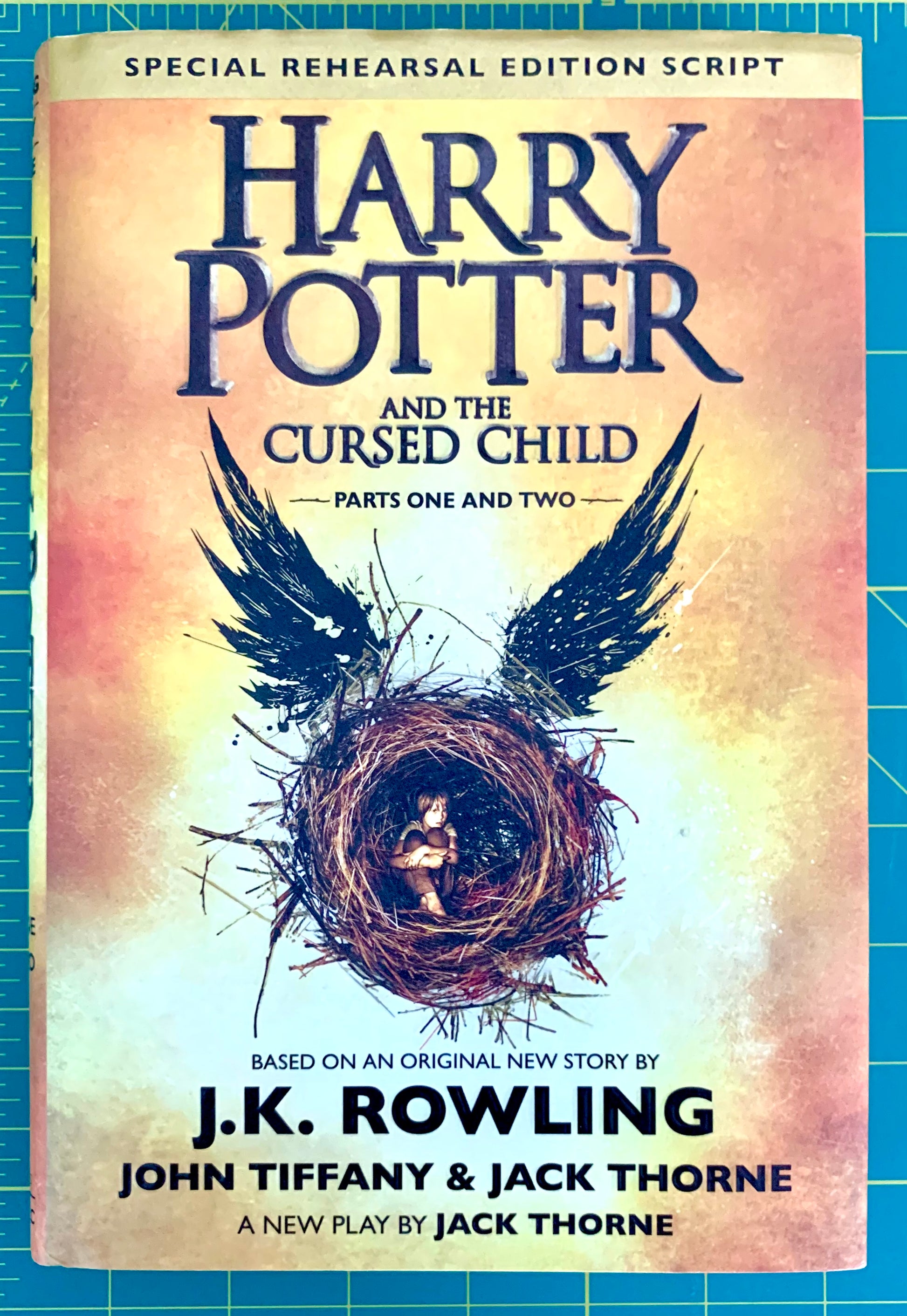 A book cover for 'Harry Potter and the Cursed Child: Parts One and Two' shown flat against a blue grid background. The cover features a warm beige and yellow gradient background with dark blue title text and an illustration of a bird's wings surrounding a nest with a small figure inside.