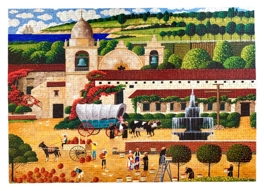A jigsaw puzzle depicting a vibrant and detailed illustration of a historical mission scene with people, horses, and a water fountain.
Photo by Karen King [image_link]