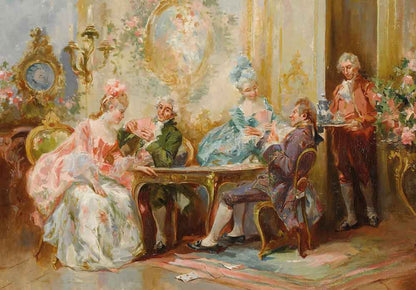 An oil painting depicting a 18th-century social scene with four people gathered around a table in an ornate room, with a servant standing nearby. The figures are dressed in elaborate historical attire in soft pastel colors of pink, blue, green, and brown.
Photo by Mosaic Puzzles [image_link]