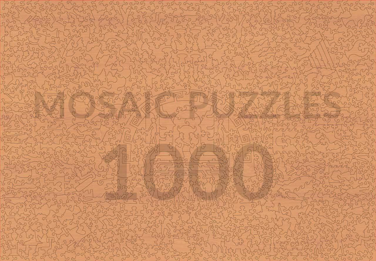 A square product cover or box front for a 1000-piece jigsaw puzzle set, featuring the words 'MOSAIC PUZZLES 1000' in a faded tan font over a dense line-art pattern of small illustrated figures and objects in a warm peachy-brown tone.
Photo by Mosaic Puzzles [additional_image_link]