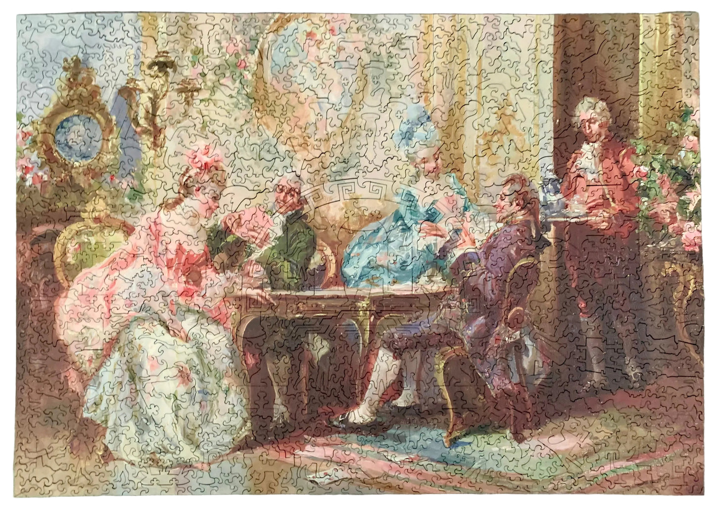 A completed jigsaw puzzle showing a classical 18th-century social scene with several elegantly dressed people gathered indoors around a table, with a map and ornate decor visible in the background.
Photo by Karen King [additional_image_link]