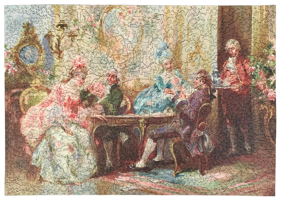 A completed jigsaw puzzle depicting a classical 18th-century social scene with several elegantly dressed people gathered indoors around a table, surrounded by ornate furniture and floral details.
Photo by Karen King [additional_image_link]