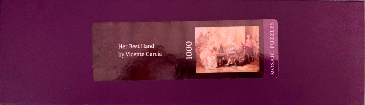 A purple jigsaw puzzle box for 'Her Best Hand' by Vicente Garcia, featuring a 1000-piece puzzle cover.
Photo by Karen King [additional_image_link]