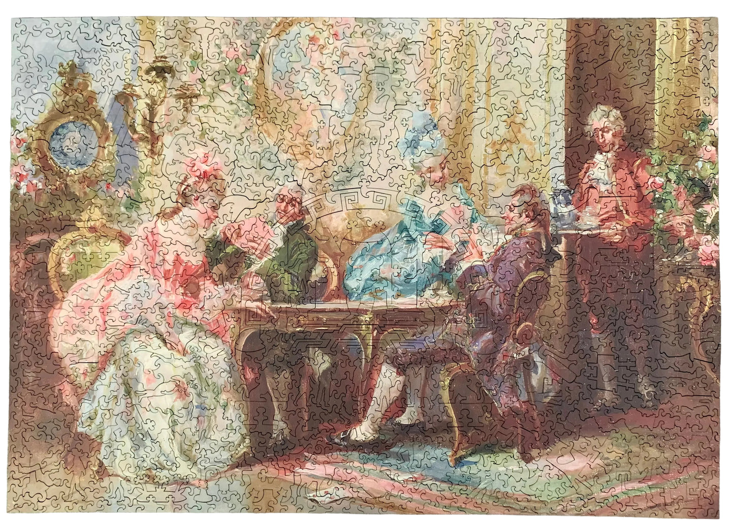 A completed jigsaw puzzle depicting a 18th-century social scene with elegantly dressed people in an ornate room, featuring a detailed pattern of puzzle pieces.
Photo by Karen King [additional_image_link]