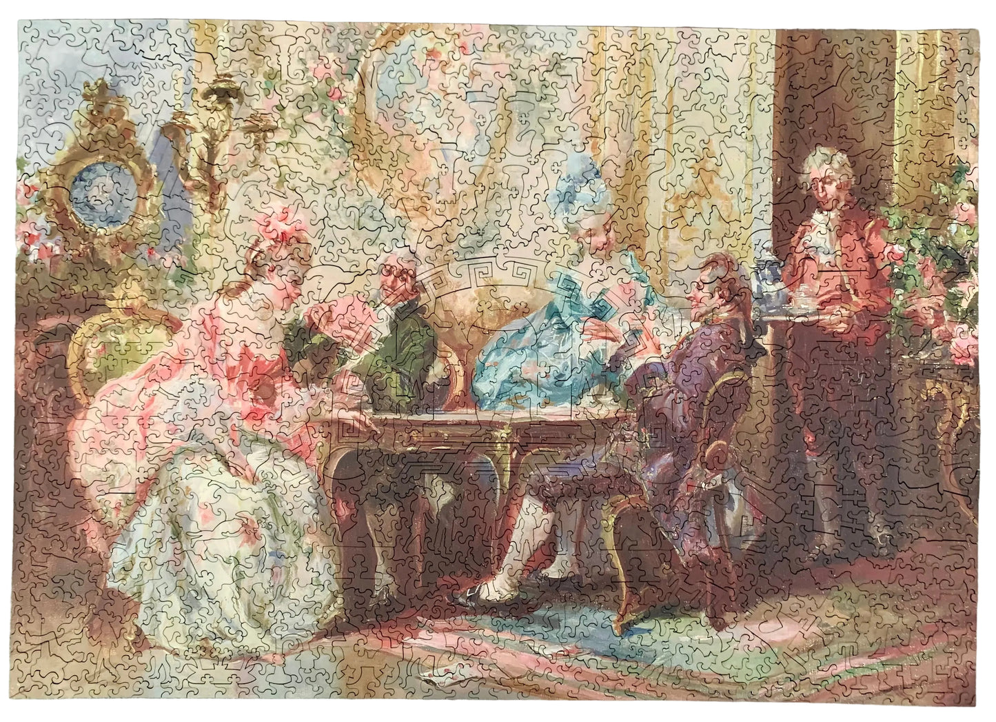 A completed jigsaw puzzle showing a classical painting of several people in ornate 18th-century clothing gathered around a table in an elegant interior. The puzzle pieces are fully assembled, and the artwork fills nearly the entire frame.
Photo by Karen King [additional_image_link]
