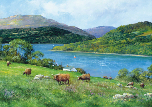 A wooden jigsaw puzzle depicting a landscape with rolling Scottish hills, a turquoise river, and Highland cattle on the grassy banks.
Photo by Wentworth Puzzles [image_link]