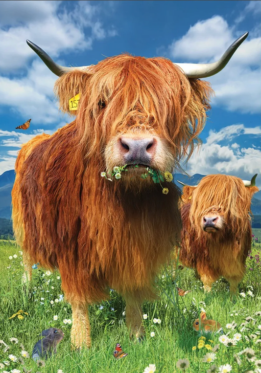 A wooden jigsaw puzzle depicting two highland cattle in a field with a blue sky, with puzzle pieces partially assembled.
Photo by Wentworth Puzzles [image_link]