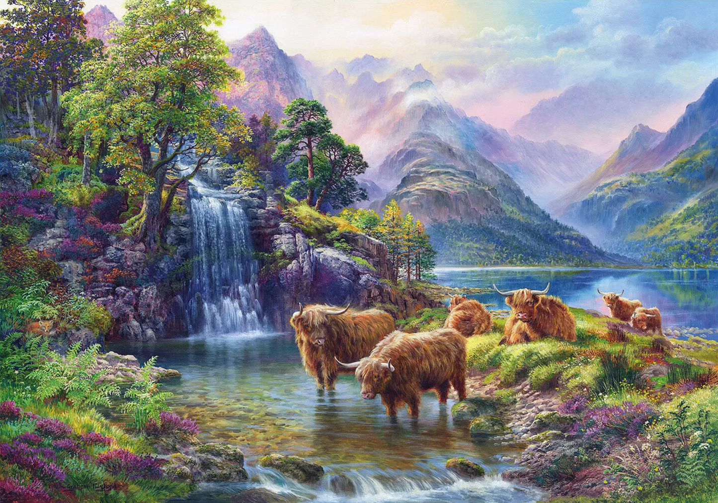 A wooden jigsaw puzzle depicting a highland landscape scene with cows, a waterfall, and mountains in the background.
Photo by Karen King [image_link]