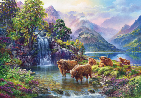 A wooden jigsaw puzzle depicting a highland landscape scene with cows, a waterfall, and mountains in the background.
Photo by Karen King [image_link]