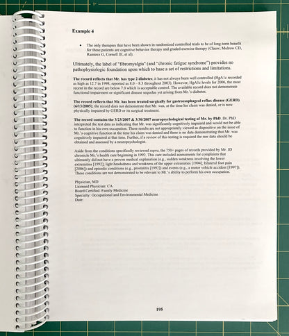 A spiral-bound notebook page showing a medical case study excerpt titled 'Example 4' with multiple paragraphs of text, photographed on a green cutting mat background. 
[additional_image_link]