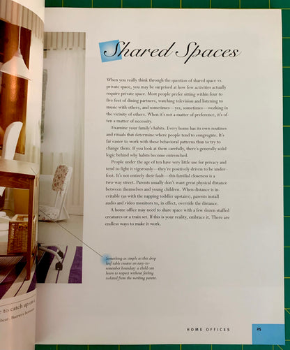 An open book or booklet page with the heading 'Shared Spaces' in black script on an off-white page, accompanied by a small blue title block and a partial architectural photo on the left. The page includes body text and a small caption at the bottom right, with 'HOME OFFICES' and page number 25 at the bottom.
[additional_image_link]