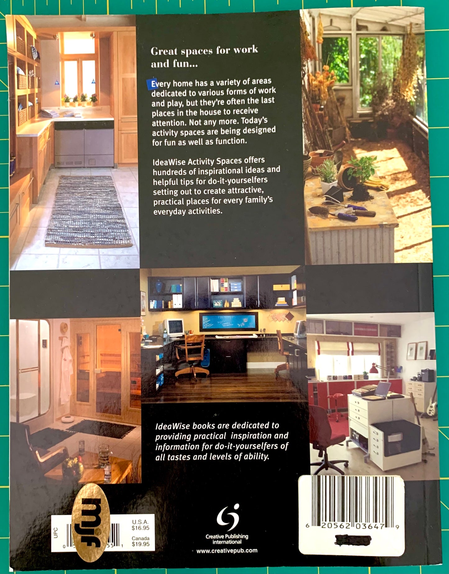 Back cover of an IdeaWise Activity Spaces book, featuring a black background with multiple interior and outdoor home photos, descriptive text, a logo, and a barcode.
[additional_image_link]